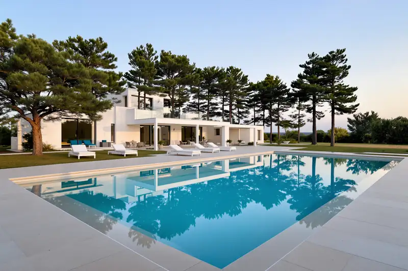 Piscine miroir dont l’eau affleure la plage en pierre claire et reflète une rangée de pins maritimes