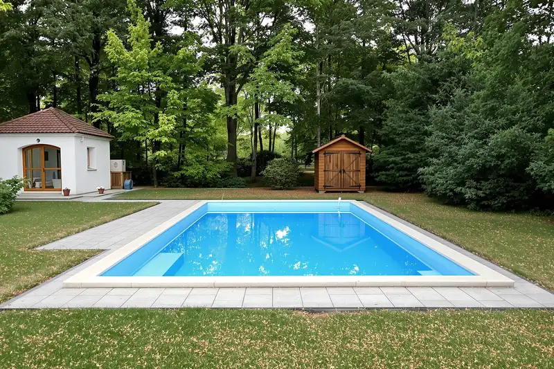 Piscine rectangulaire à margelles claires dans une pelouse bordée de grands arbres, avec une petite maison blanche et un abri de jardin en bois