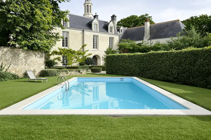 Piscine rectangulaire dans un jardin clos par une haie taillée et un mur de pierre, devant une grande maison de pierre claire à lucarnes et toit d’ardoise