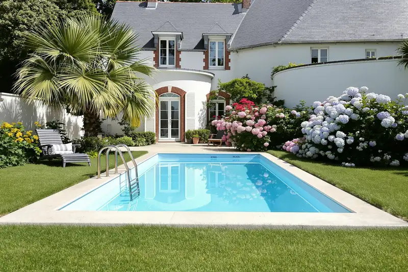 Piscine avec échelle inox devant une villa blanche aux encadrements de brique, entourée d’hortensias et d’un palmier
