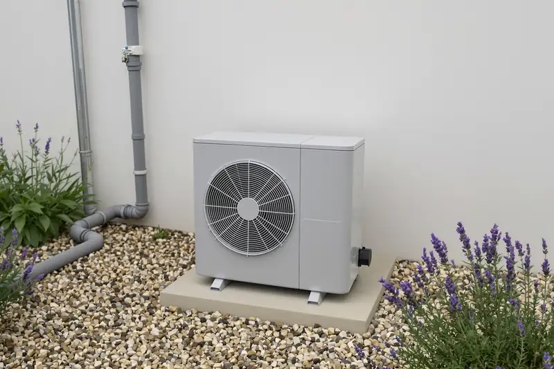 Pompe à chaleur de piscine posée sur une dalle béton contre un mur blanc, entre gravier et lavande
