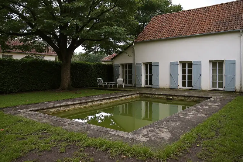 Piscine rectangulaire à l’eau verte et trouble, margelles tachées et pelouse envahissante, devant une maison blanche aux volets bleus