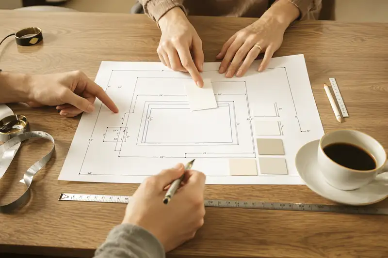 Sur une table de cuisine, un plan de piscine coté, des échantillons de liner, un mètre et une tasse de café, deux mains qui désignent le plan
